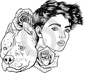 monochrome Pitbull Dog Face with head woman and Rose Flower