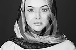 Monochrome portrait of Beautiful blond woman in scarf