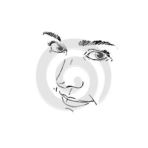 Monochrome portrait of delicate good-looking dreamy still woman, black and white vector drawing. Emotional expressions idea image