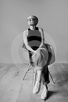 Monochrome Portrait of stylish blonde short hair young woman