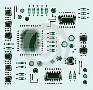 Monochrome printed circuit board with green radio components. Geometric background with electrical components.