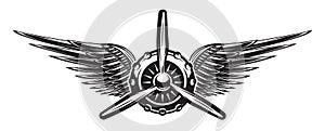 Monochrome retro banner with propeller and wings. Vector illustration