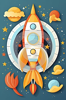 Monochrome retro rocket and stars collage in flat art design for cosmonautics day