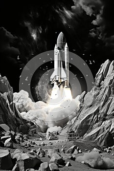 Monochrome retro rocket and stars collage in space, cosmonautics day concept with flat art design