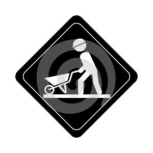 Monochrome road sign pictogram with man with wheelbarrow