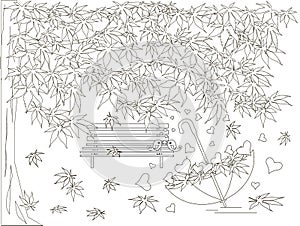 Monochrome romantic background with maple tree, bench, falling maple leaves