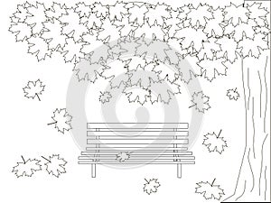 Monochrome romantic background with maple tree, bench, falling maple leaves coloring book anti stress