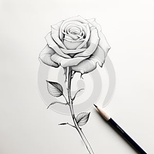 Monochrome Rose With Long Stem: Simple Linear Design On White Background