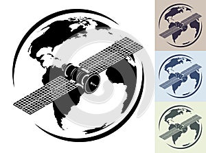 Monochrome schematic Satellite fly orbiting planet earth and transmit communication signal. Satellite Emblem communication and GPS