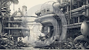 Monochrome Sci-Fi Jungle Outpost