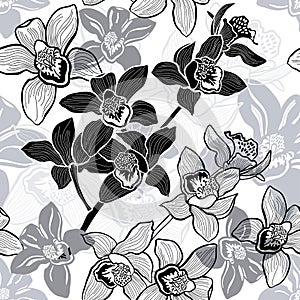 Monochrome seamless background with hand drawn orchids.
