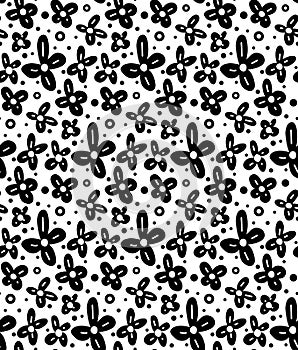 Monochrome seamless floral pattern with black small flowers and dots on a white background. Natural ditsy wallpaper