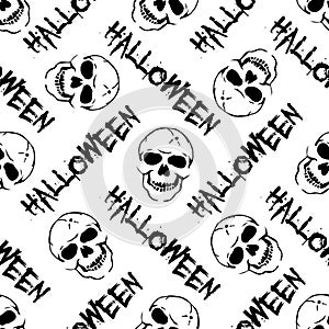 Monochrome seamless halloween pattern.Vector simple black and white background with graphic skulls.Textile texture photo