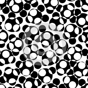 Monochrome seamless pattern, chaotic overlay circles, dots