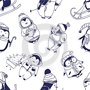 Monochrome seamless pattern with cute baby penguins dressed in various winter clothes on white background. Funny cartoon