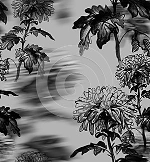 Monochrome seamless pattern with blurred sillouettes of chrysanthemums. photo