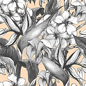 Monochrome seamless pattern with exotic flowers