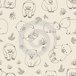 Monochrome seamless pattern with funny wombats and plants hand drawn with contour lines on light background. Backdrop