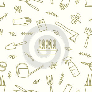 Monochrome seamless pattern with gardening tools, equipment for plants cultivation drawn with contour lines on white