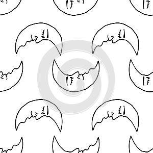 Monochrome seamless pattern with hand drawn crescent on white background. Vector
