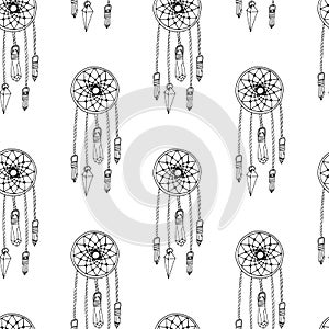 Monochrome seamless pattern with hand drawn dreamcatchers on white background. Vector