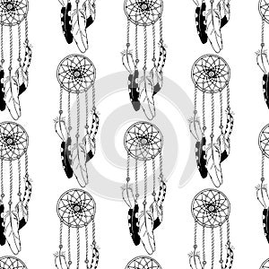 Monochrome seamless pattern with hand drawn dreamcatchers on white background. Vector