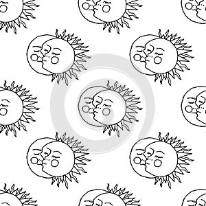 Monochrome seamless pattern with hand drawn kissing sun and crescent on white background. Vector