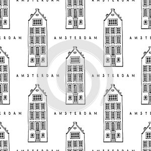 Monochrome seamless pattern of house of the Damrak Avenue and Amsterdam lettering, Netherlands.