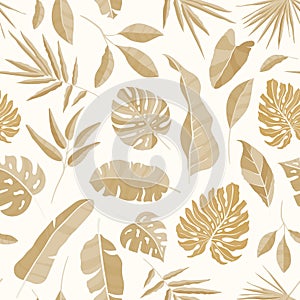 Monochrome seamless pattern with luxuriant vegetation of tropical rainforest. Backdrop with exotic leaves of jungle