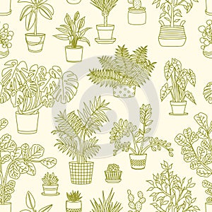 Monochrome seamless pattern with plants growing in planters drawn with contour lines on light background. Backdrop with