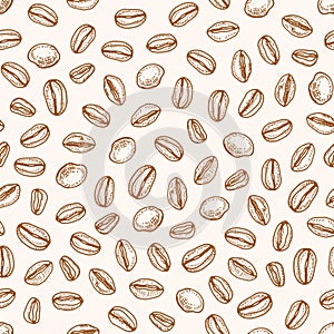 Monochrome seamless pattern with roasted coffee seeds or beans hand drawn with contour lines on light background photo