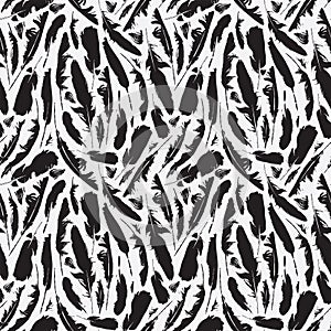 Black white vector seamless pattern with feathers