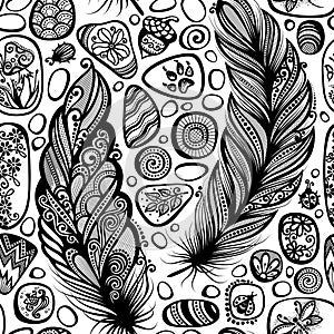 Monochrome Seamless Pattern with Sea Pebbles and Feathers