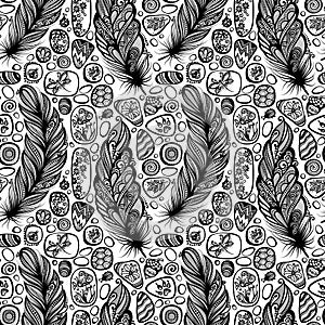 Monochrome Seamless Pattern with Sea Pebbles and Feathers