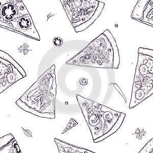Monochrome seamless pattern with slices of different pizza types and ingredients scattered around on white background
