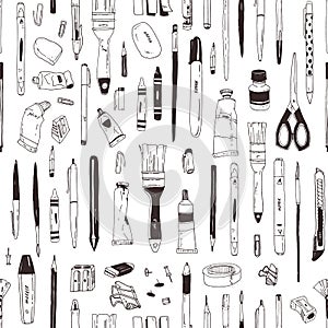 Monochrome seamless pattern with stationery, writing utensils, art supplies hand drawn with black contour lines on white