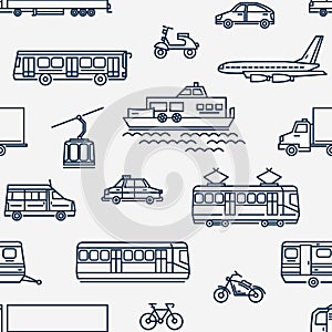 Monochrome seamless pattern with transport of different types on white background.