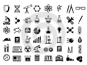 Monochrome set of different chemical symbols and others science icons in flat style