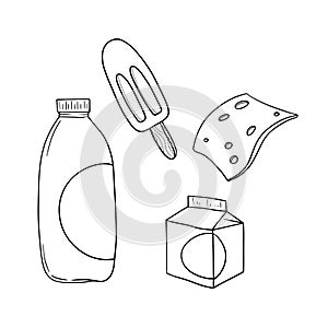 Monochrome set of icons, Dairy products, a slice of cheese, milk ice cream and milk bags, vector cartoon