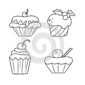 Monochrome set of icons, delicious cupcakes with delicate cream and berries, vector cartoon