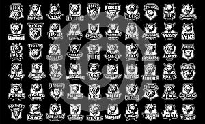 Monochrome set of sport logos animal mascots. Black and white collection of mascots for sports clubs and teams. The