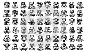 Monochrome set of sport logos animal mascots. Tiger, lion, leopard, cougar, panther, puma, bear, wolf, fox. Animal