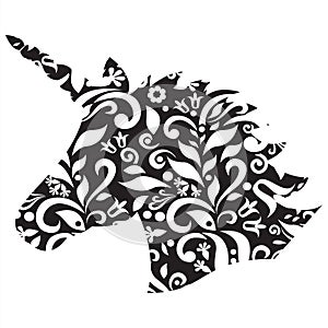 Monochrome shape, silhouette of the magical unicorn on the black and white