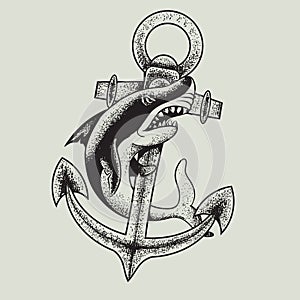 Monochrome shark and anchor vector illustration