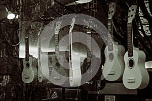 A monochrome shot through a window of a musik shop