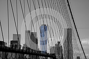 Monochrome shot of the World Trade Centre from Brooklyn Bridge