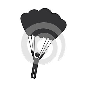 Monochrome silhouette with man hanging in parachute