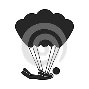 Monochrome silhouette with man position horizontal in parachute