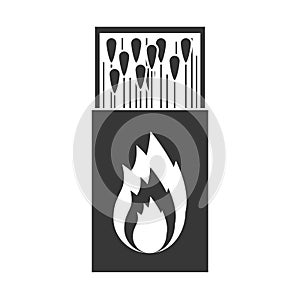Monochrome silhouette of matchbox with logo flame