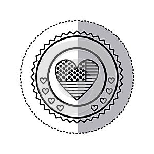 monochrome silhouette sticker with united states flag in shape of heart in round frame with hearts